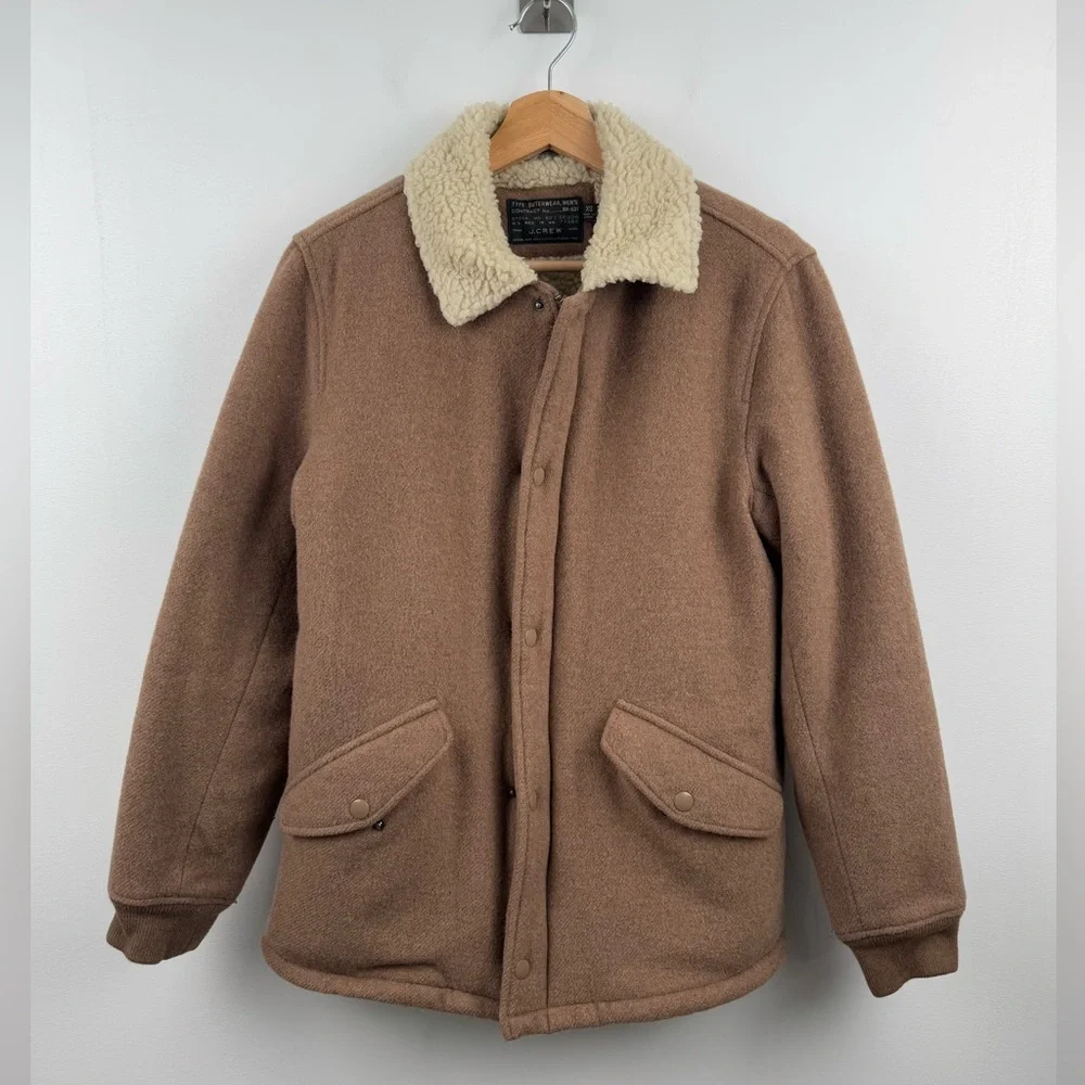 J.Crew Men Sherpa‎ Lined Wool Blend Varsity Jacket Camel Brown Size XS